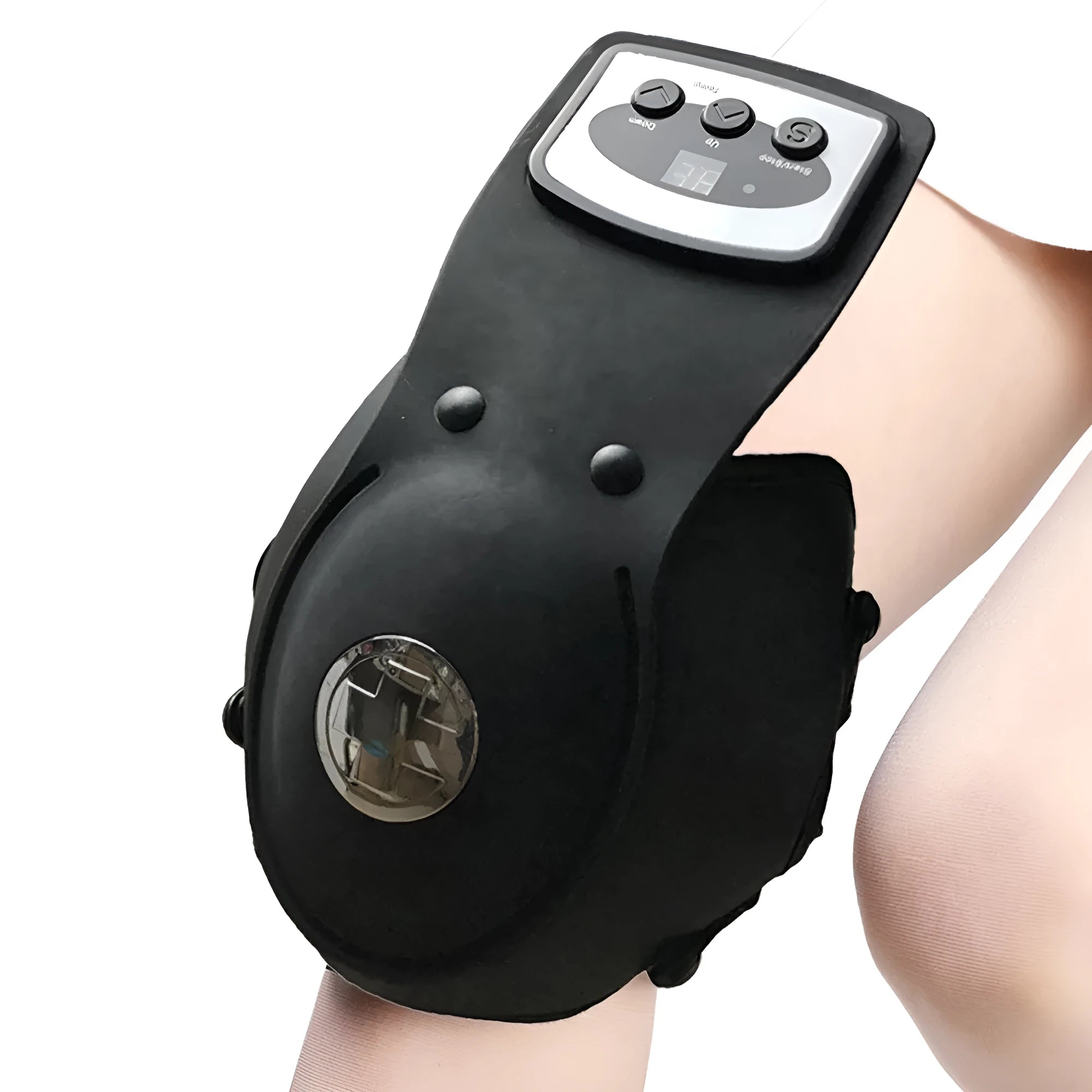 Knee massager host unit with infrared heat function, adjustable temperature control, and included knee pads and shoulder pads.
