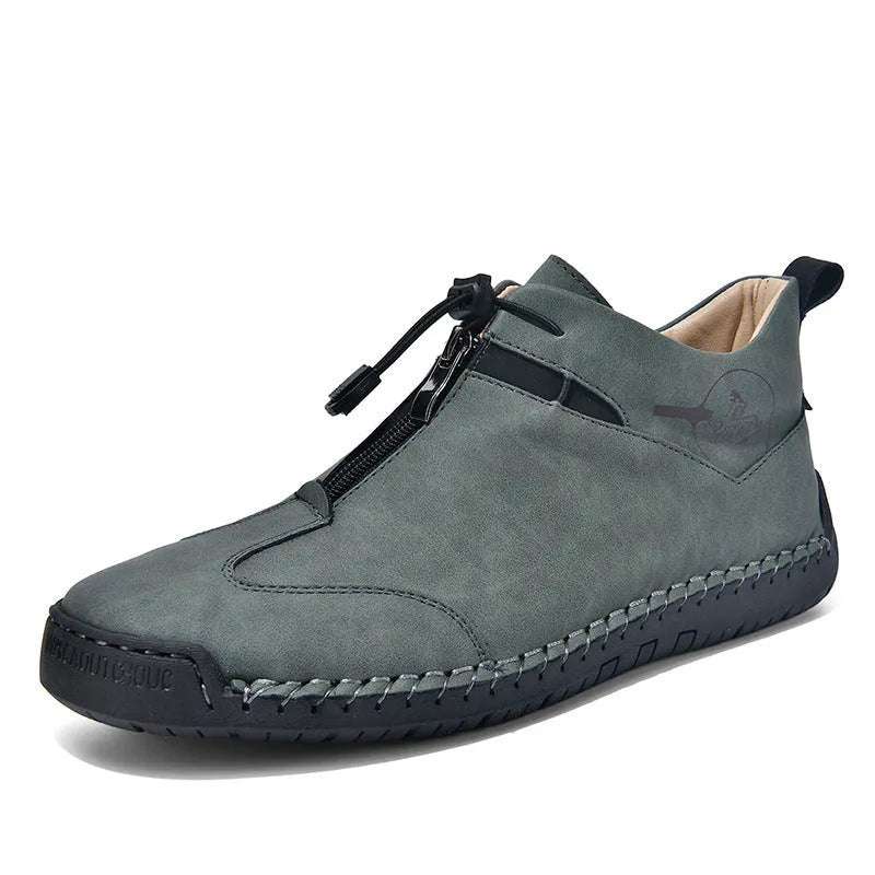 Men's green casual leather shoes with a round pointed toe and a mid-heel for height increase.