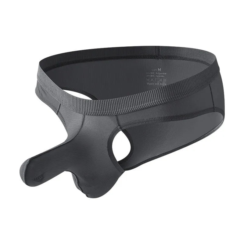 Men's Ice Silk low waist briefs in black, shown flat, highlighting the briefs cut and knitted fabric texture.