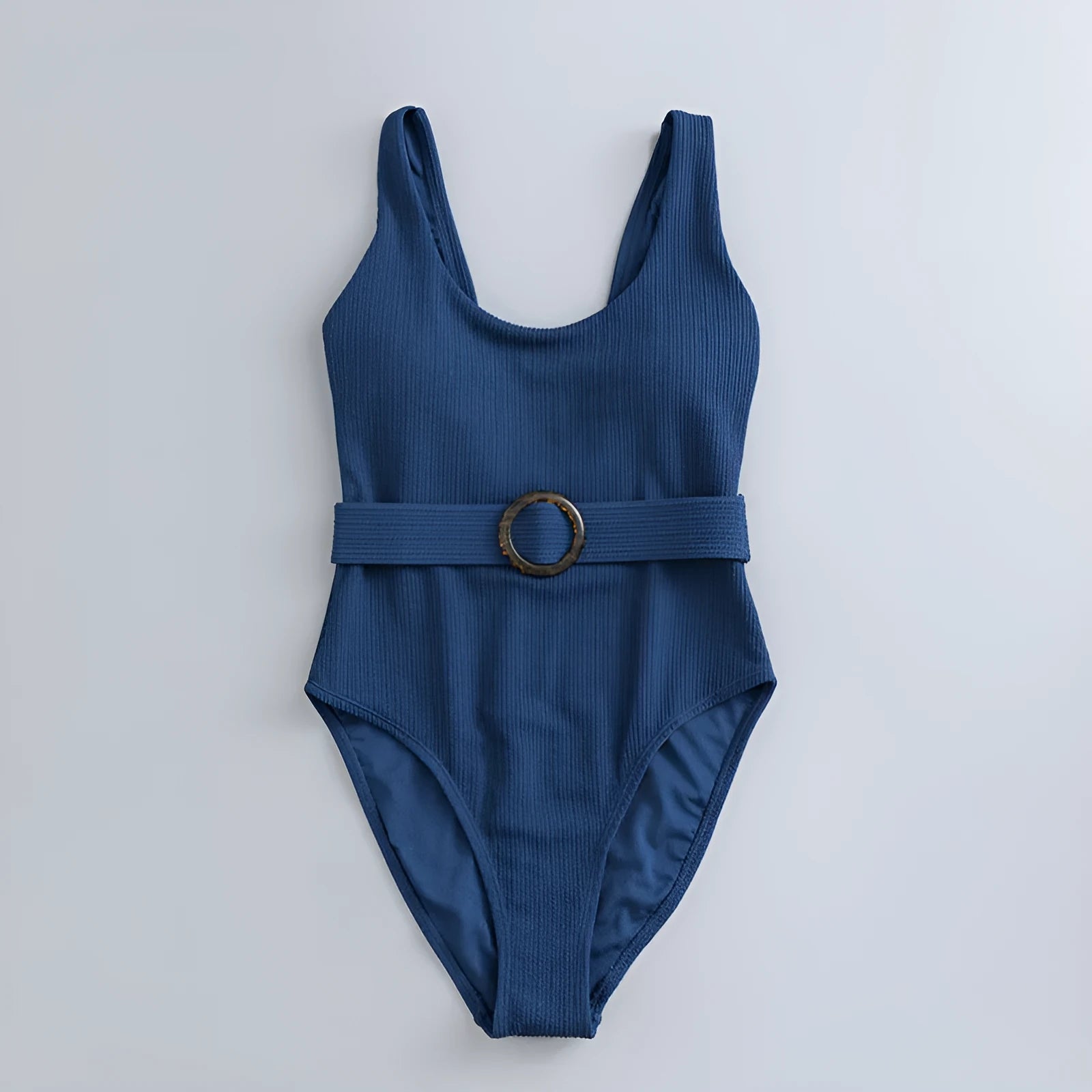 Navy blue women's one-piece slimming triangle swimsuit with a removable chest pad.