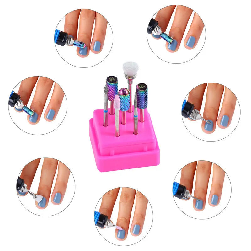 Tungsten steel nail art drill bit set with six bits, one brush, in a clear case.