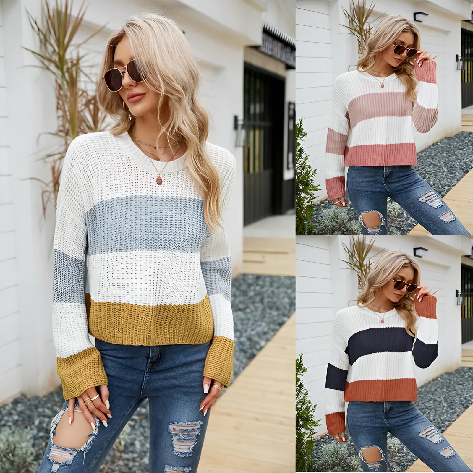 Women's short striped loose-fitting acrylic pullover sweater on a hanger.