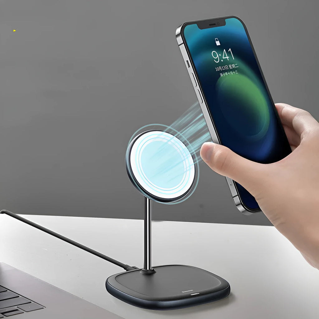 Black magnetic wireless charging stand holding iPhone 12 at angle with Type-C cable connected