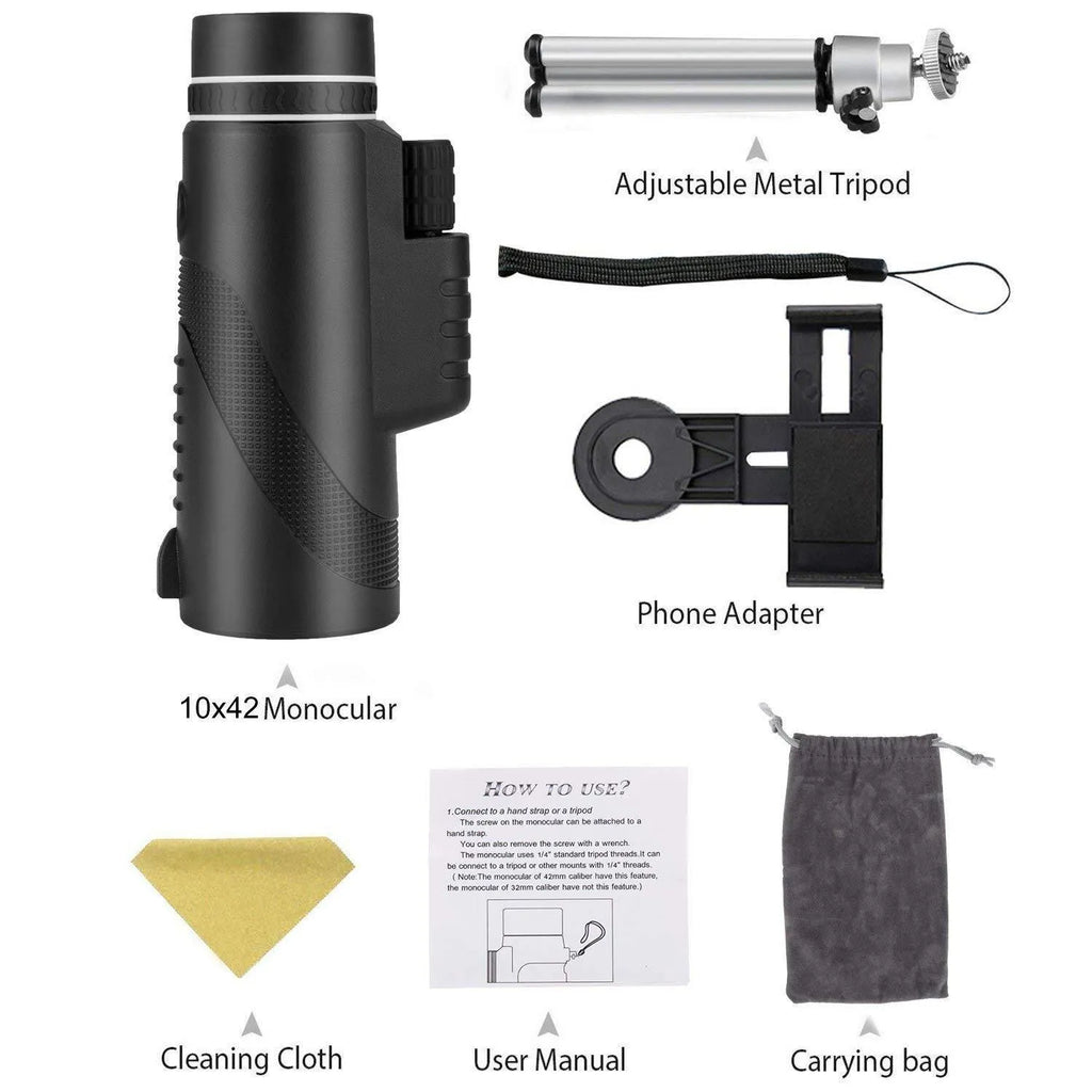 Black HD 40x60 smartphone monocular telescope with 60mm objective lens shown next to a mobile phone.