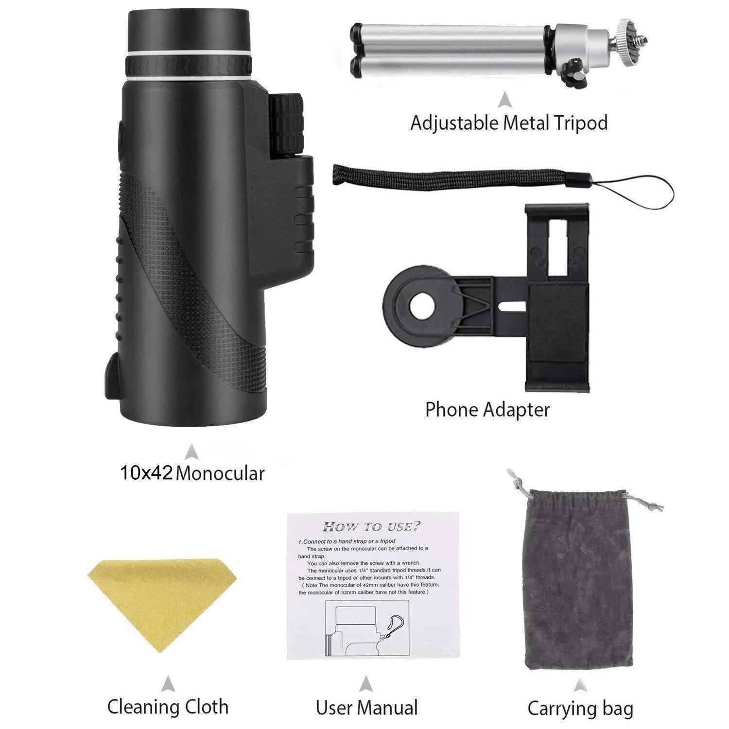Black HD 40x60 smartphone monocular telescope with 60mm objective lens shown next to a mobile phone.