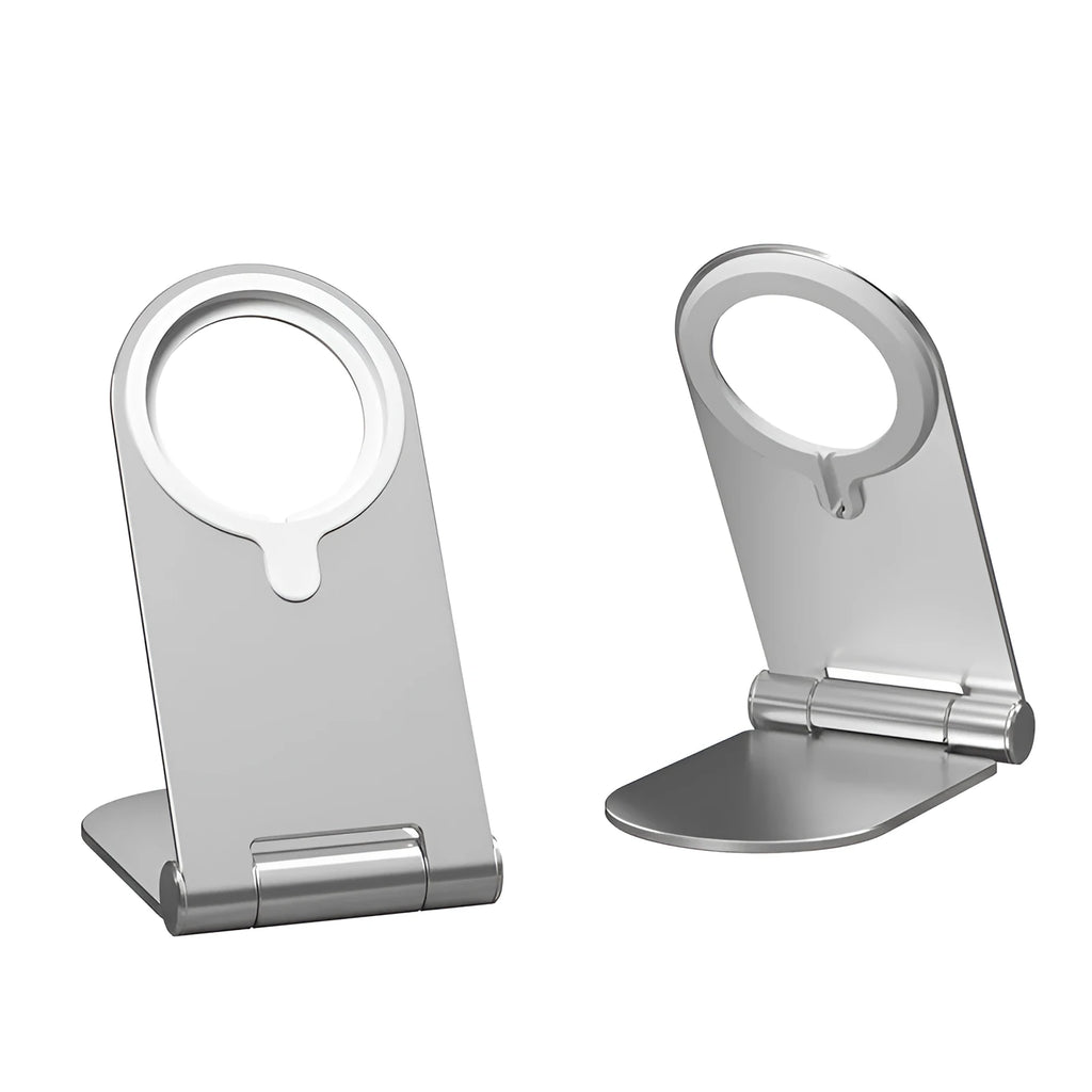 Silver vertical adjustable magnetic phone bracket for iPhone12 on a grey background.