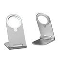 Silver vertical adjustable magnetic phone bracket for iPhone12 on a grey background.