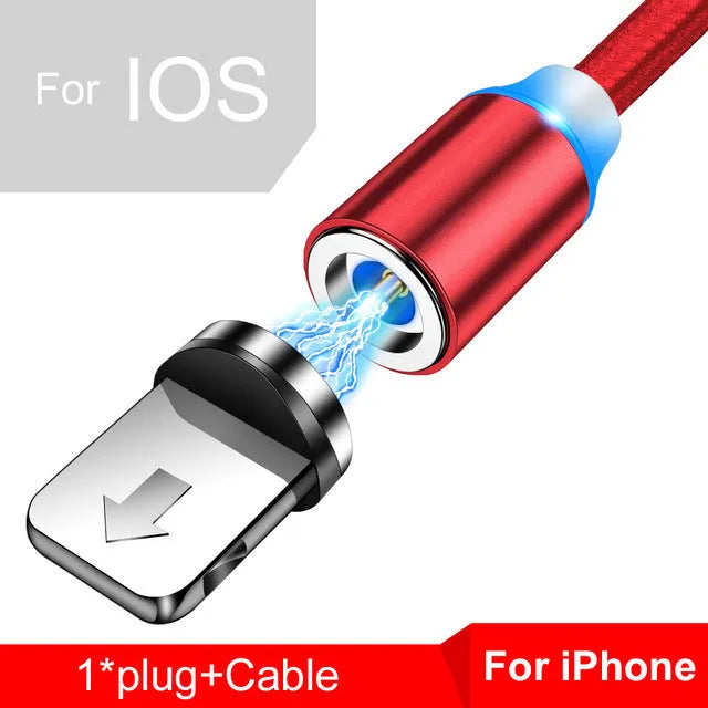 Black magnetic USB charging cable with glowing LED light indicator on a white background.