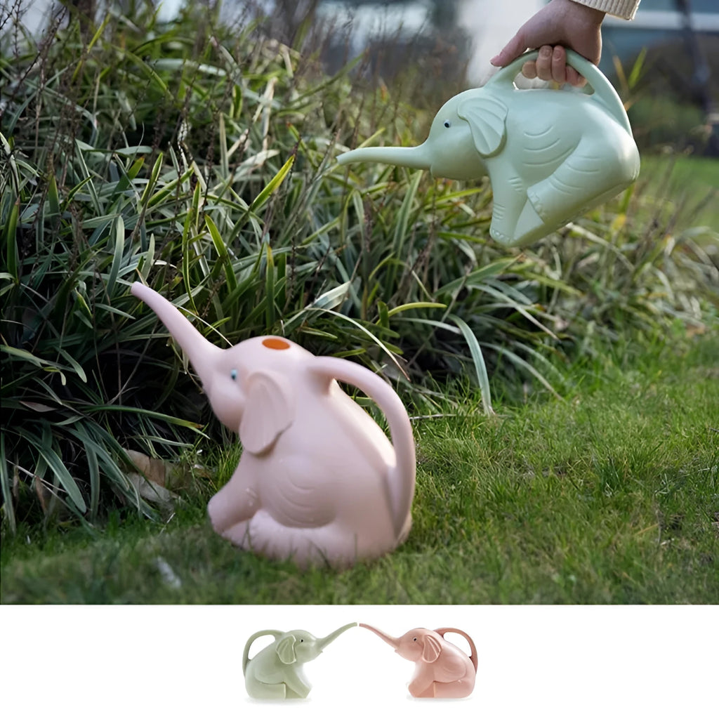 Pink children's watering can in shape of baby elephant with long nozzle and handle.
