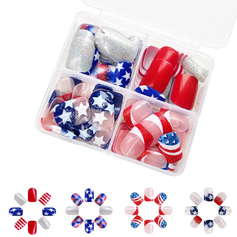 American Independence Day press-on false nails with red, white and blue star design in short square shape
