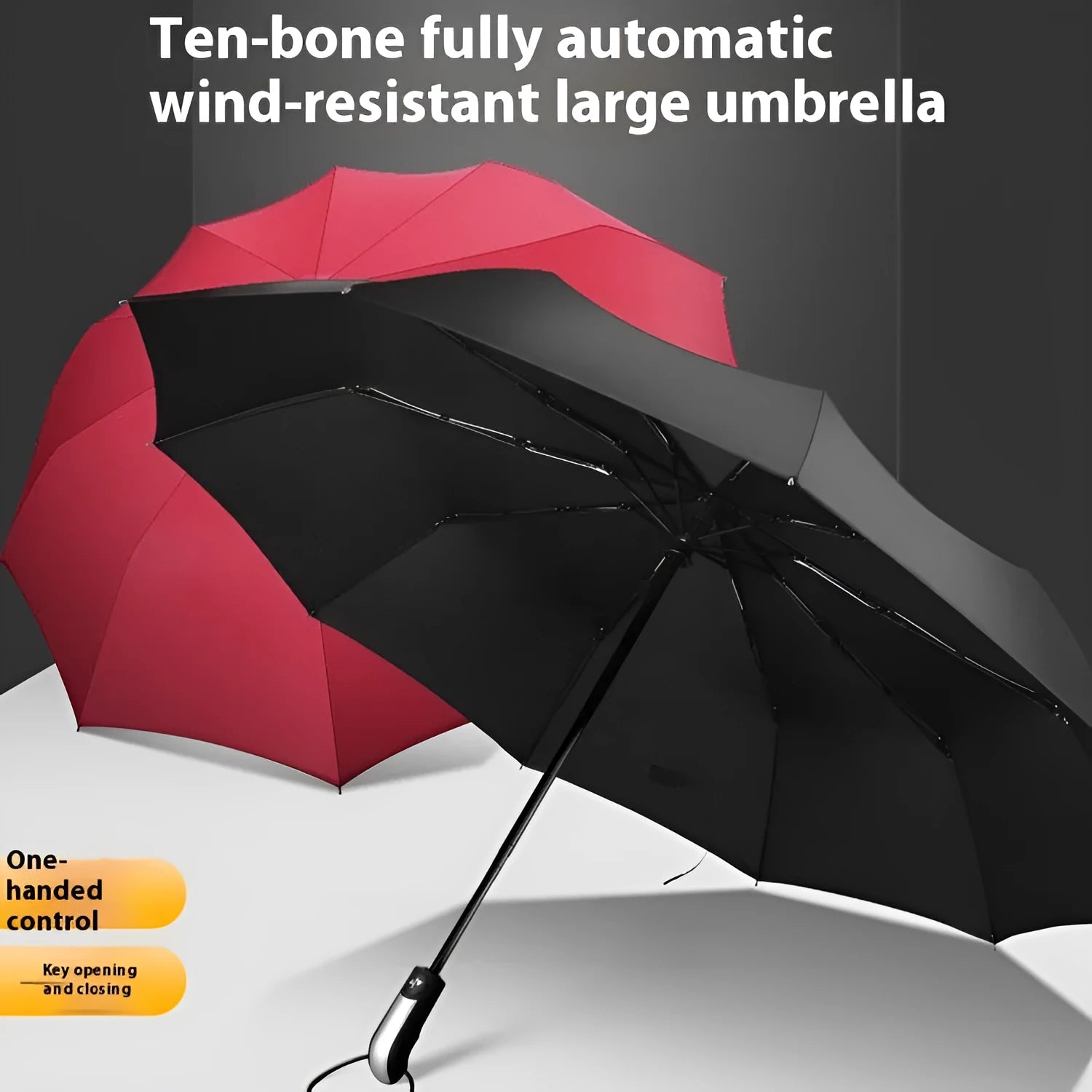 Triple-fold automatic open business umbrella in black, showing palace-style shape and rubber handle.