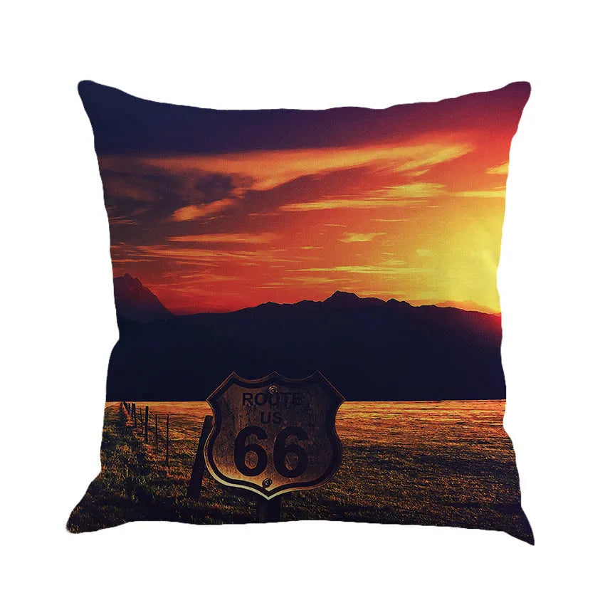 Square linen cushion cover with a landscape pattern, shown in one of six available colours, dimensions 45 by 45 cm.