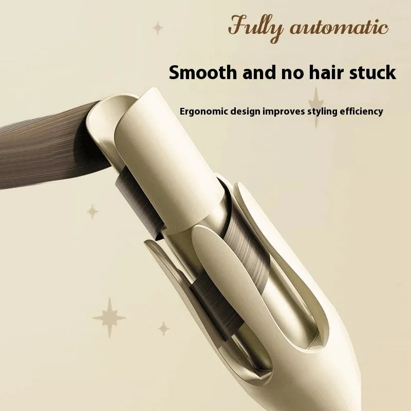 Automatic hair curler with 32mm ceramic barrel in pink, showing wired power cord and included US/EU travel adapters.