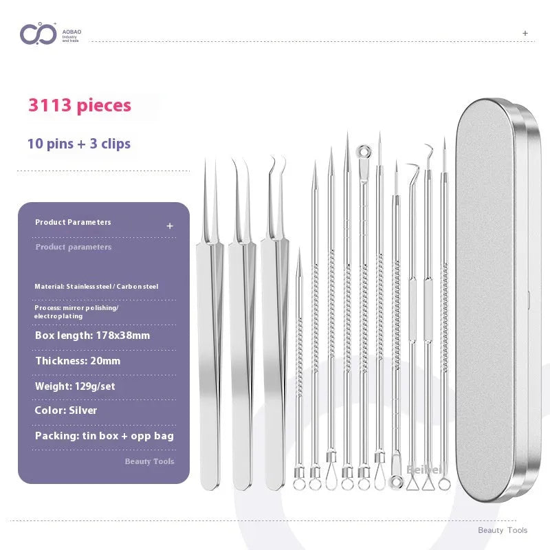 Four silver metal acne needles with pointed tips for skincare extraction.