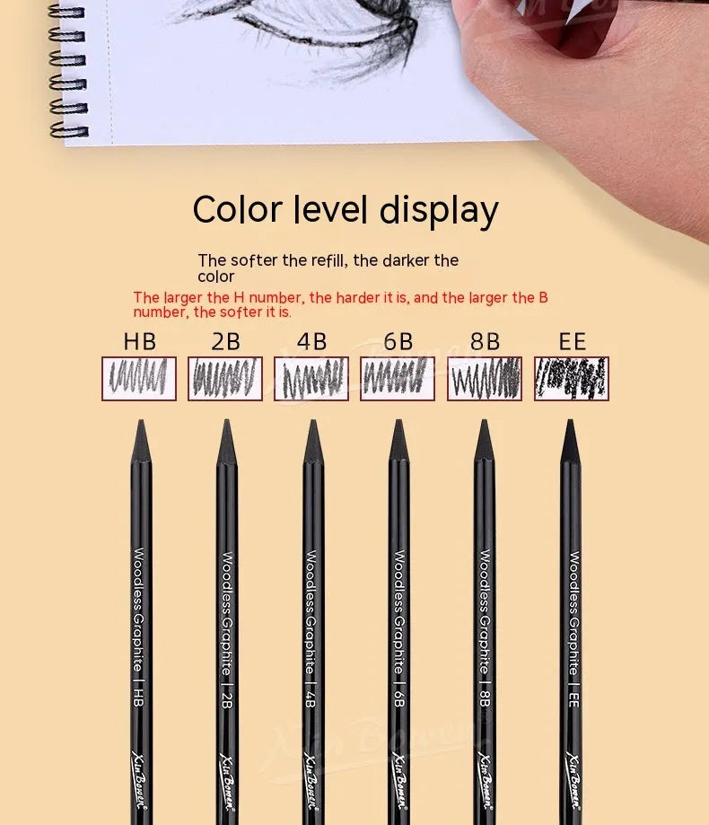 Wood-free graphite sketching pencils set with six hardness grades for art projects