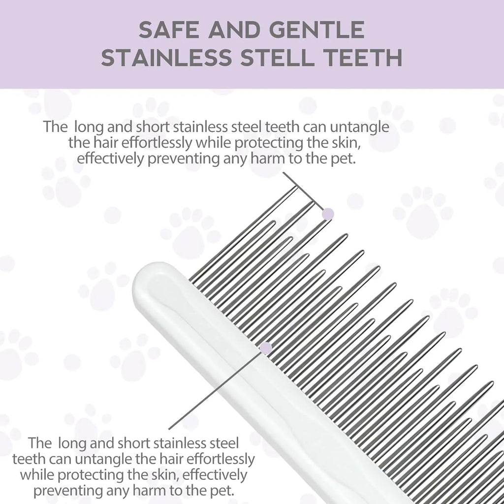 Purple pet grooming comb with stainless steel long and short teeth on a purple ergonomic handle.