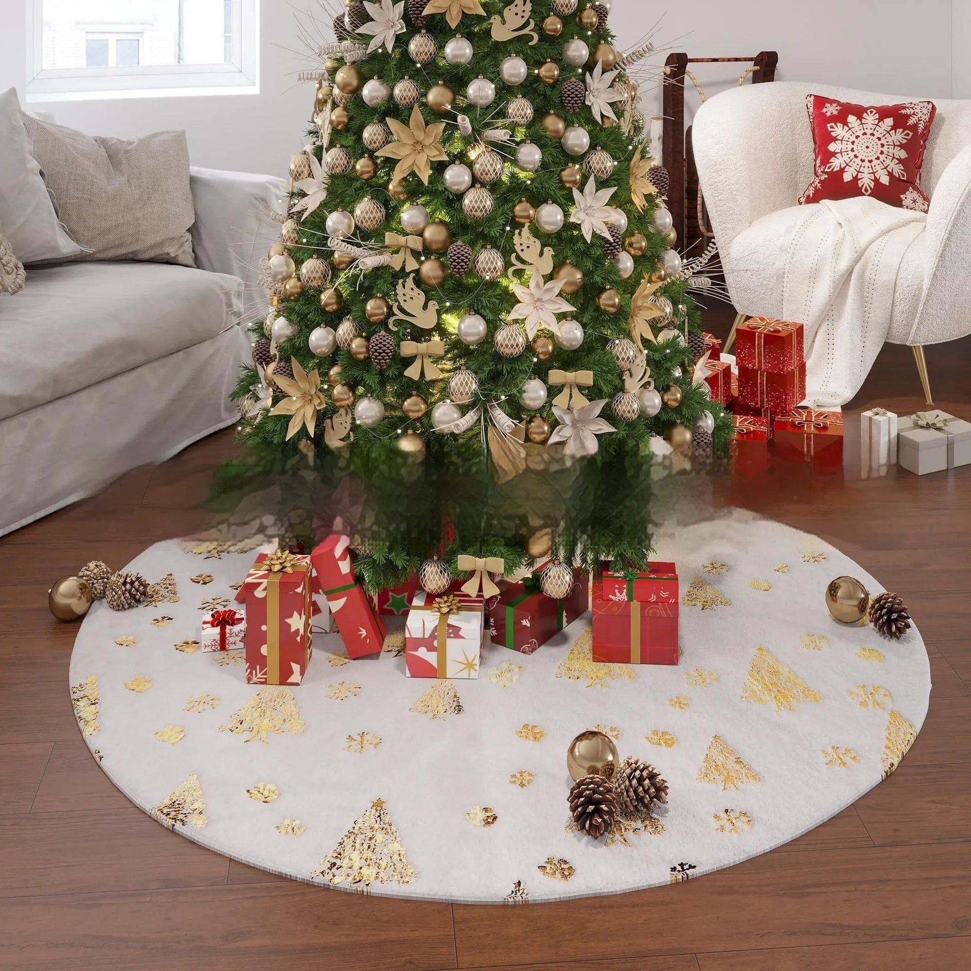 Plush red Christmas tree group mat with white snowflake XINGX pattern on a wooden floor.