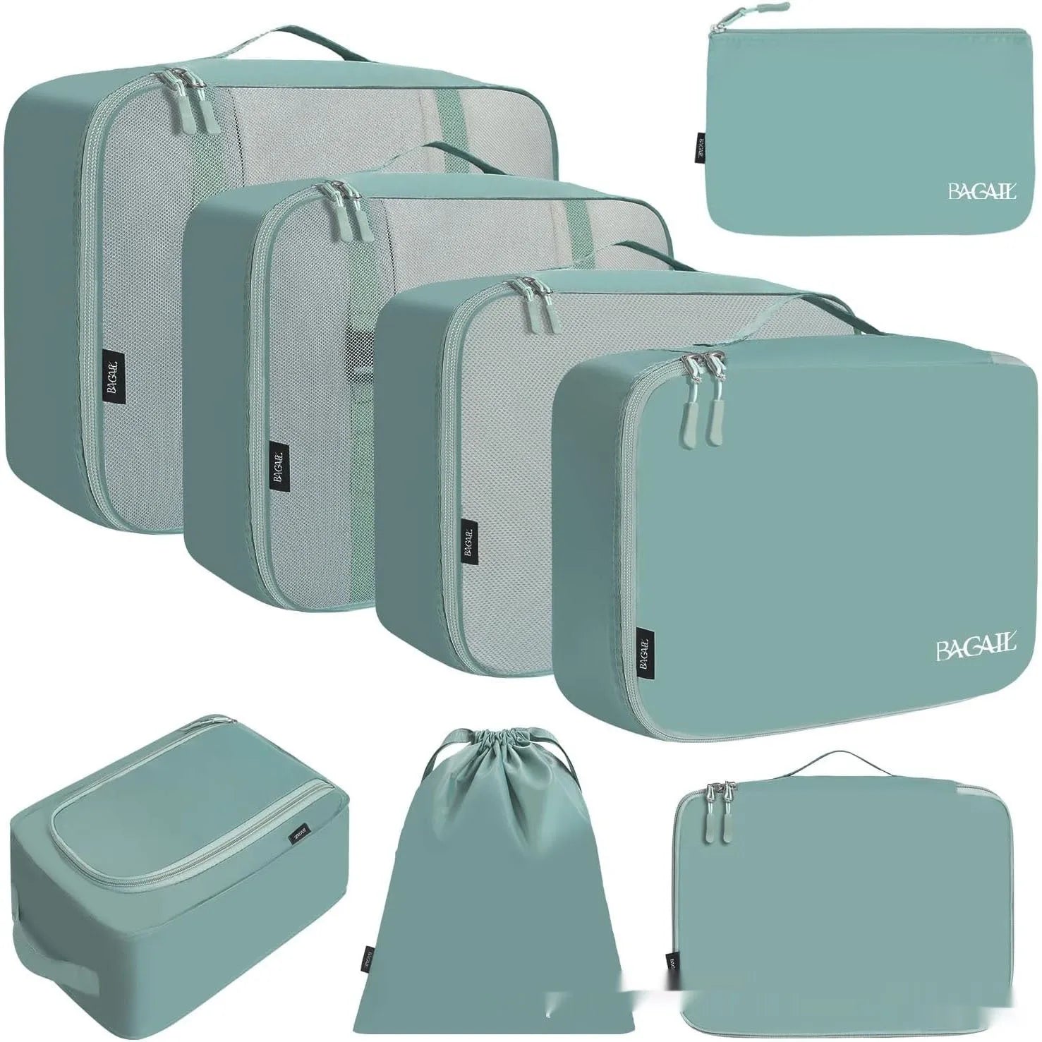 Set of eight cubic travel packing bags for underwear organisation in various colours including solid shades and patterns