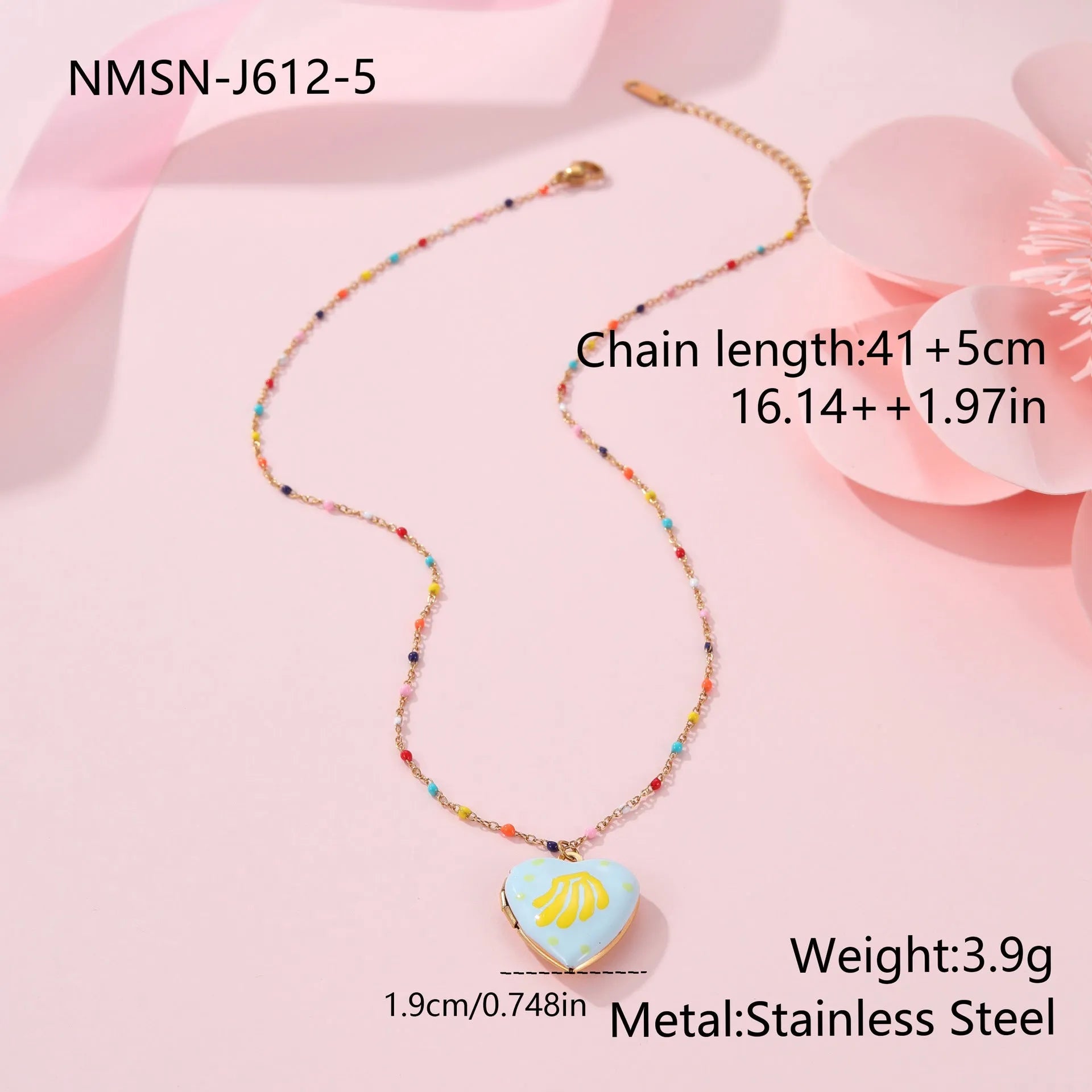 Women's stainless steel necklace with 18K gold plating showing heart pendant with fruit designs
