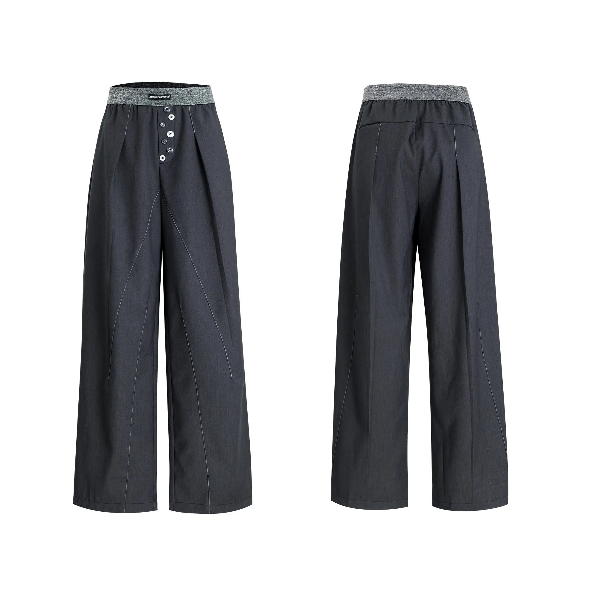 Straight-leg high-waist trousers with button open line detailing in black and grey colours