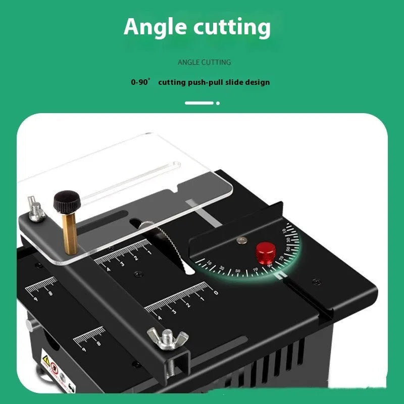 Lithium ion micro household desktop saw with metal construction showing multiple cutting angles