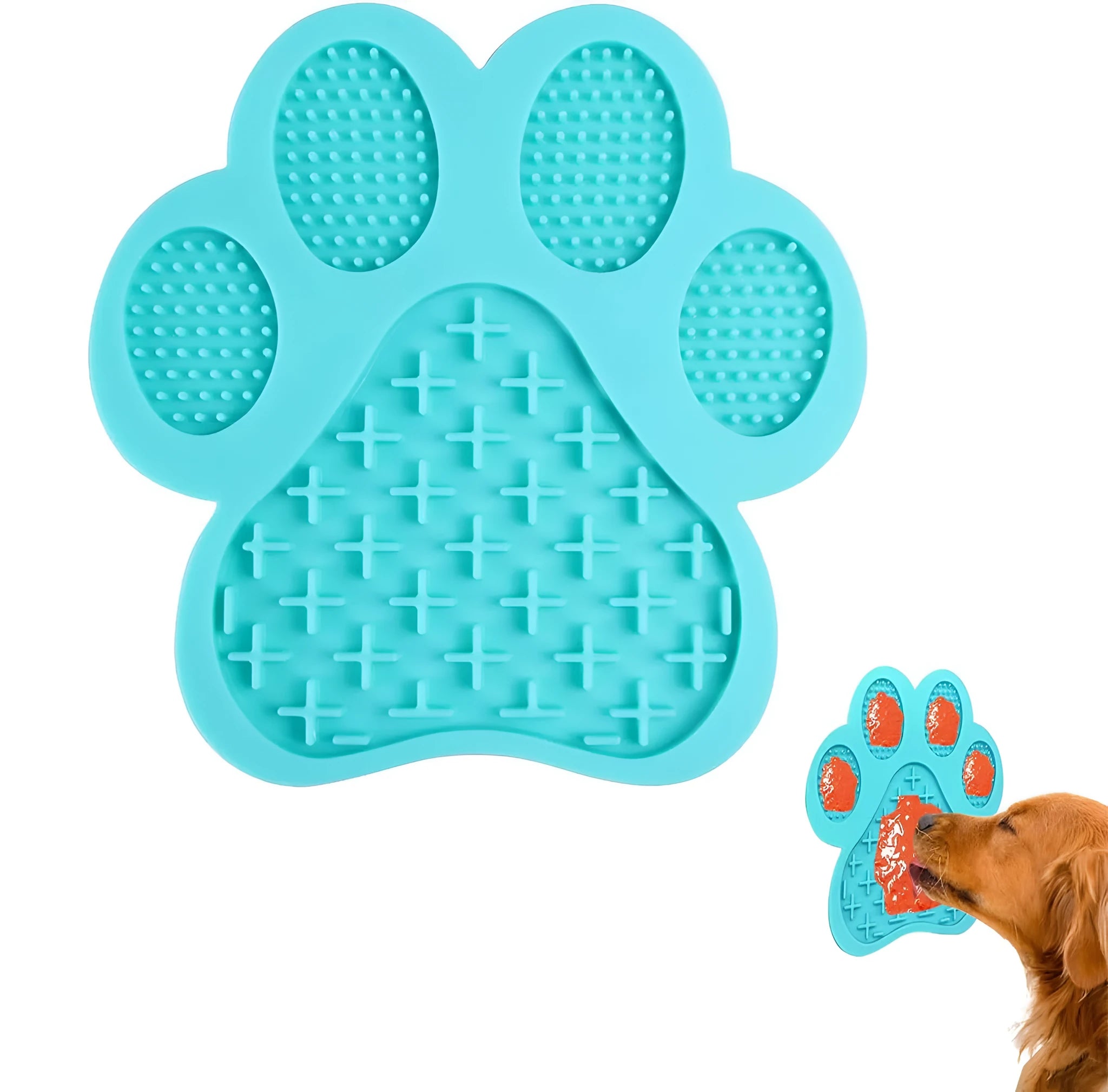 Blue silicone dog licking mat with bone texture and suction cups on a white bathroom tile.
