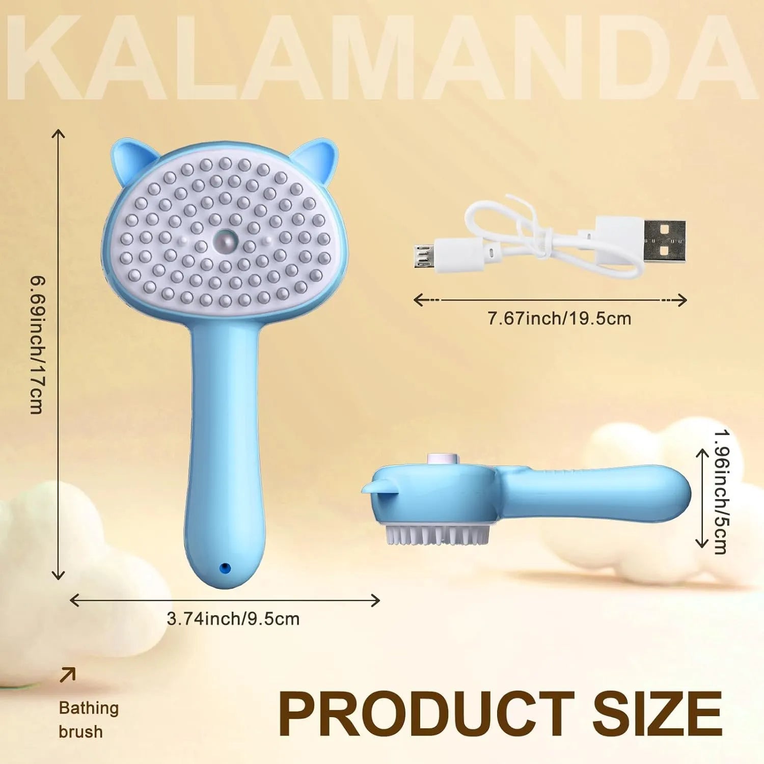 Cat ear-shaped steam brush with soft rubber bristles and release button in blue colour