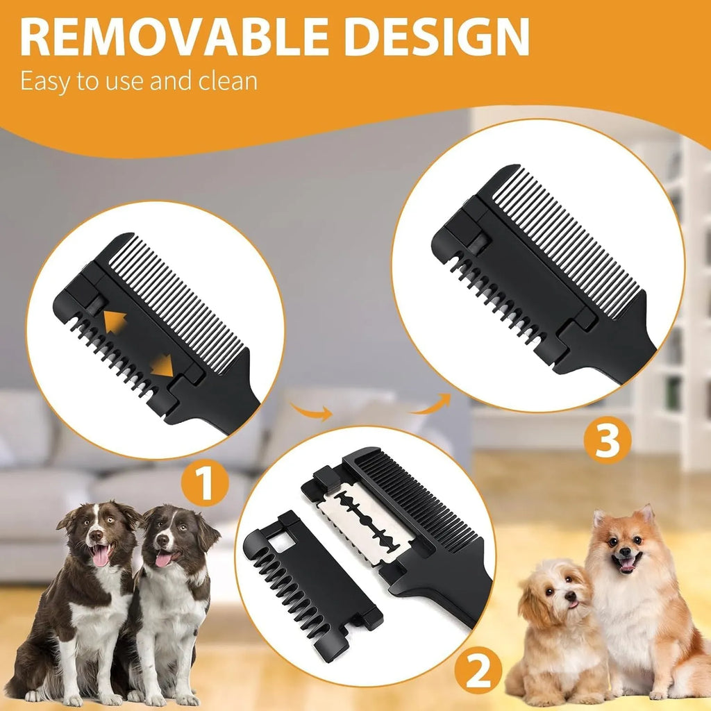 A pet razor comb grooming tool with a plastic handle and metal blade, shown with spare replacement blades.