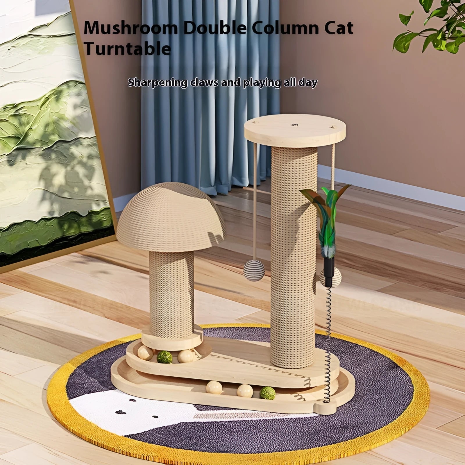 Solid wood cat scratching post with turntable and climbing frame in natural wood finish