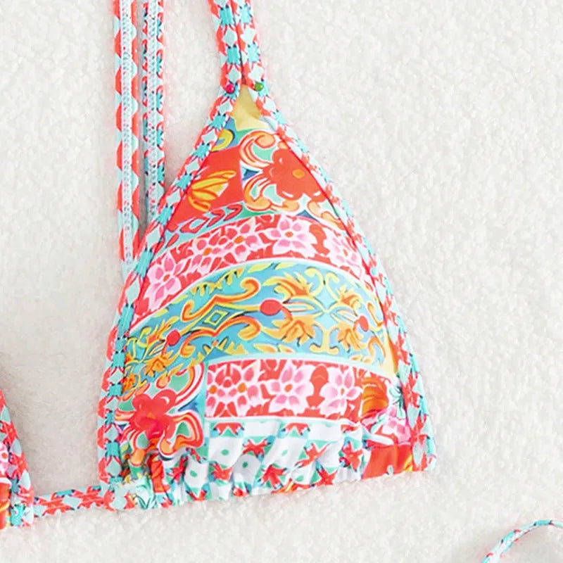Women's lace-up halter neck bikini set with backless design, in picture colour.
