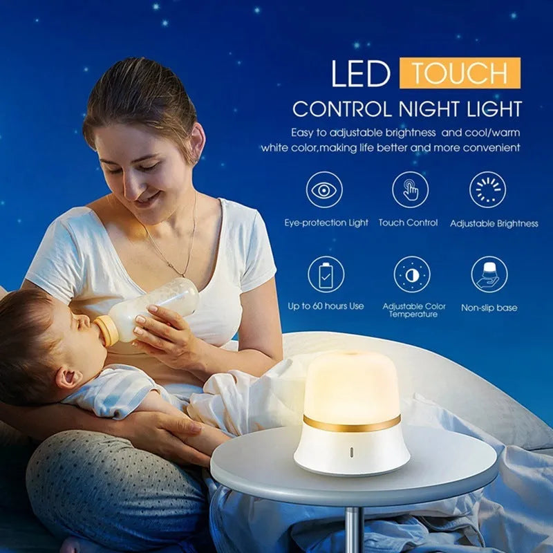 White rechargeable touch control night light with dimmer and motion sensor on a bedside table.