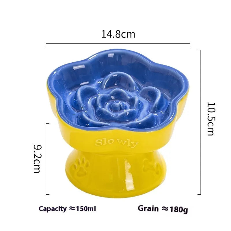 Black ceramic pet bowl with a raised foot and high neck guard for dogs and cats.