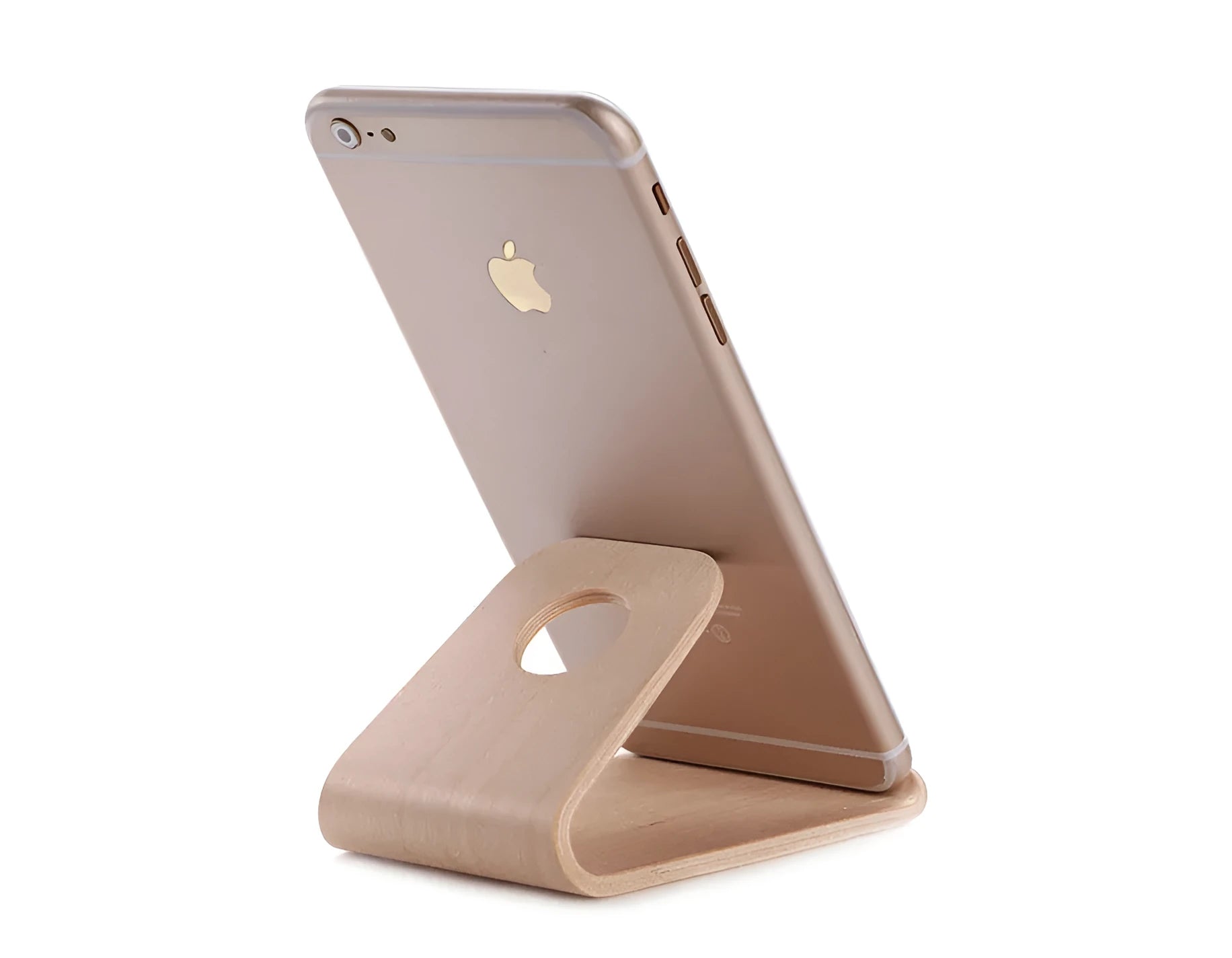 Walnut wooden iPhone stand with lazy bracket design on wooden desk