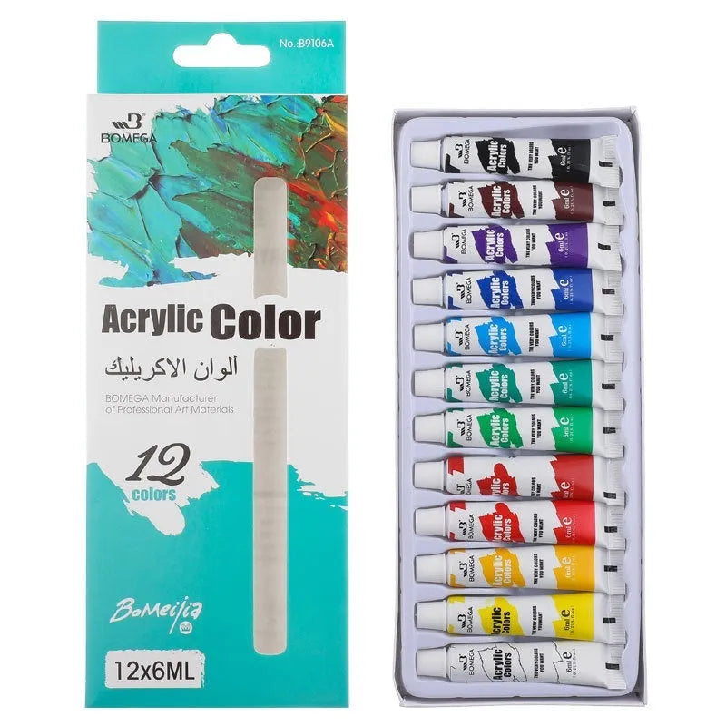 Set of artist pigment tubes for watercolour, gouache, acrylic, and oil painting in 12 colours