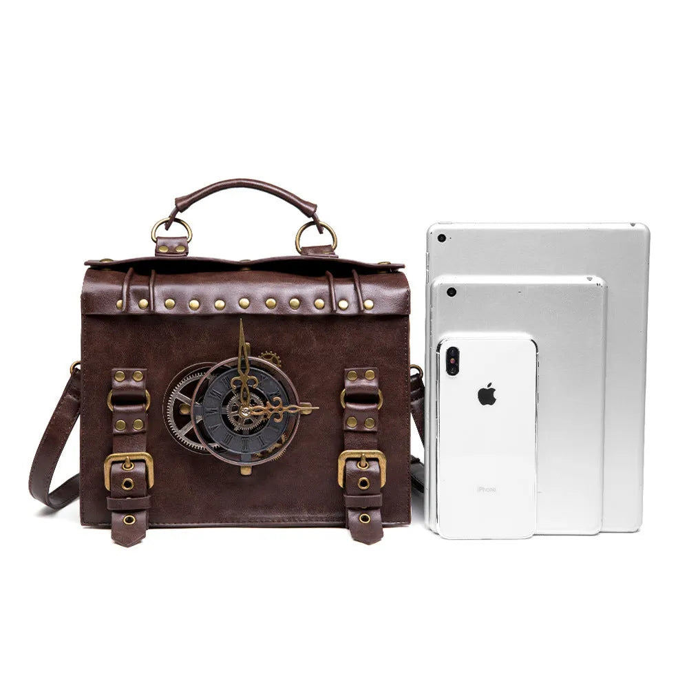 Bronze steampunk industrial retro style shoulder bag showing metal hardware details and pillow bag shape