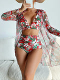 Women's multicolour printed bikini three-piece set showing sunscreen shirt, bra, and shorts.