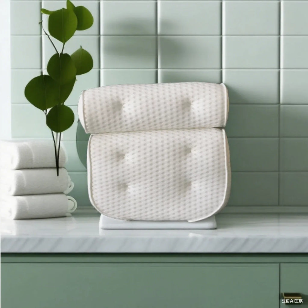 White 3D mesh bathtub pillow with seven suction cups showing dimensions 37x34x10cm