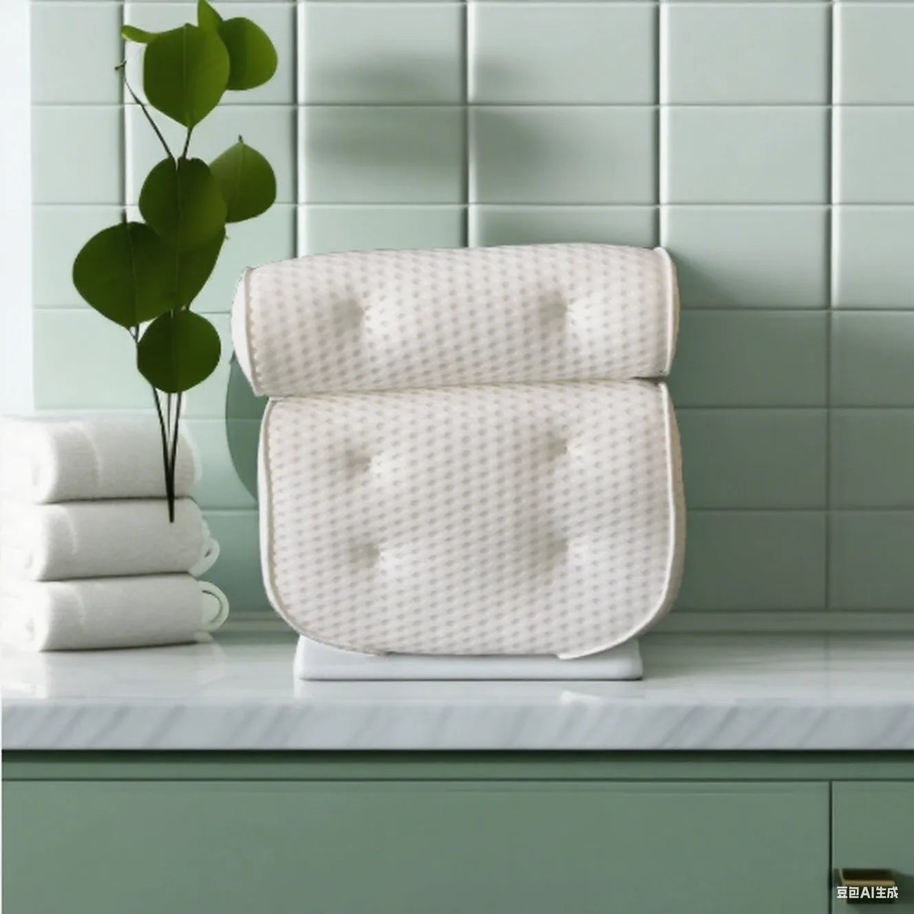 White 3D mesh bathtub pillow with seven suction cups showing dimensions 37x34x10cm