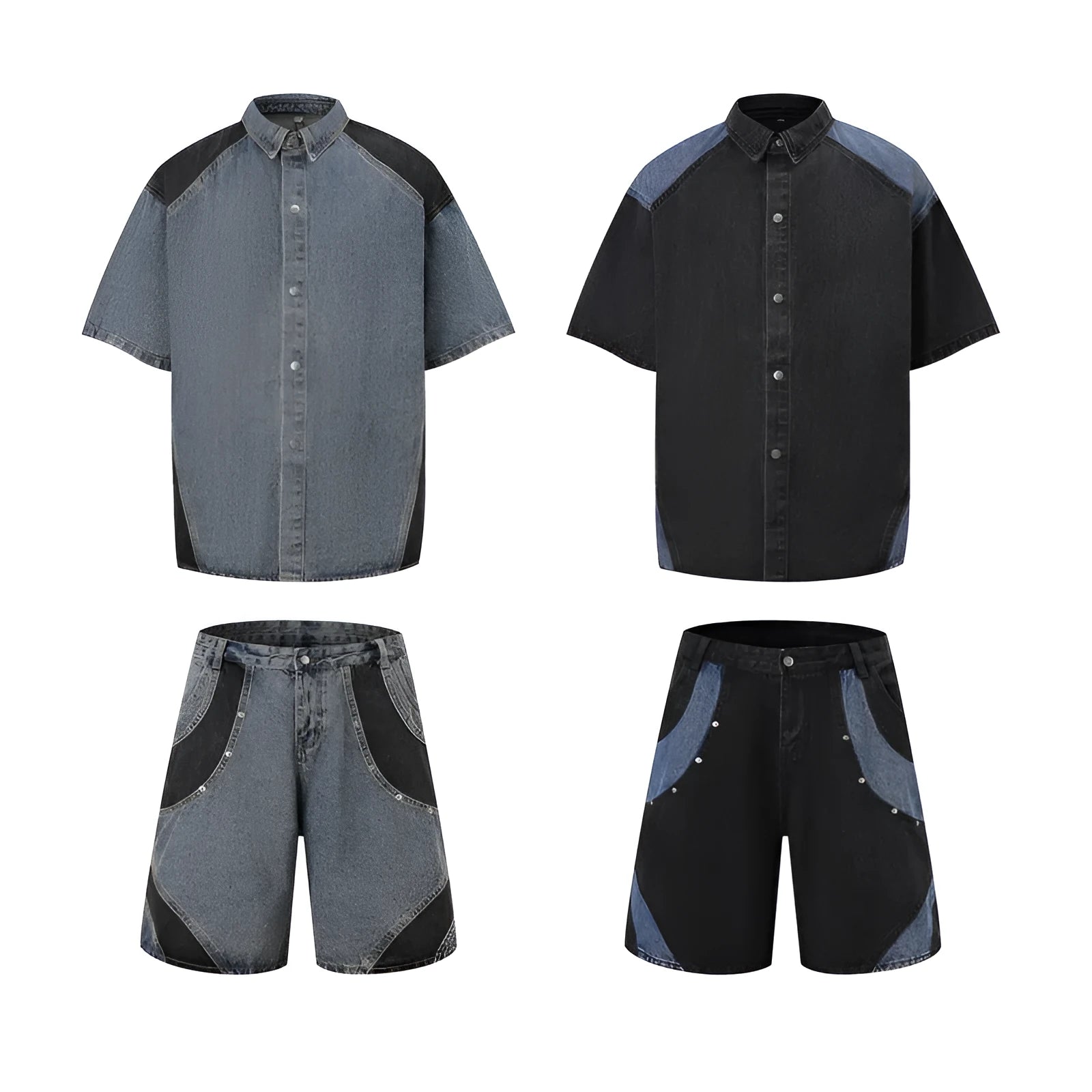 Short sleeve vintage washed denim jacket and trouser suit set in blue