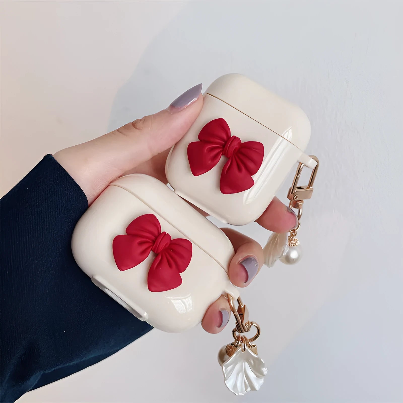 Beige red bow shell TPU clamshell case for AirPods wireless earphones
