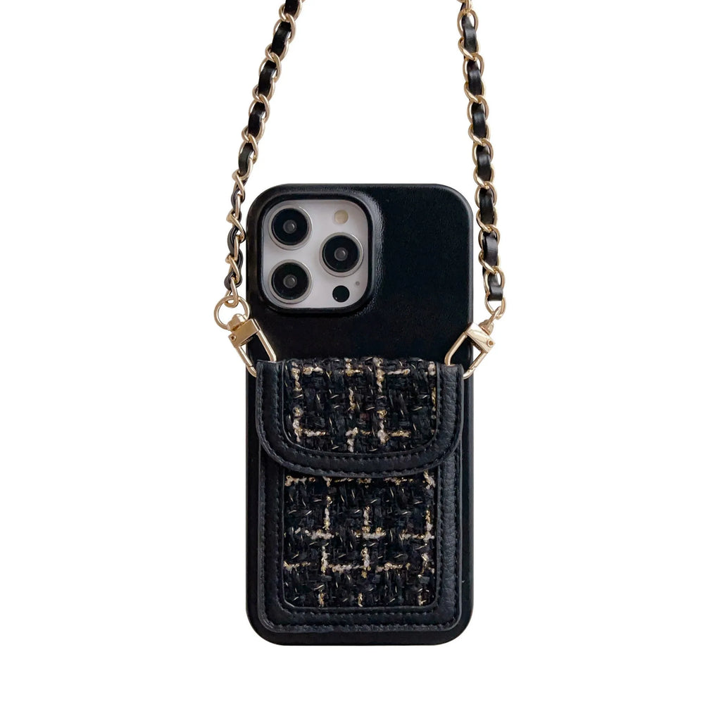 PU leather crossbody phone case with woven chain strap and card holder for iPhone