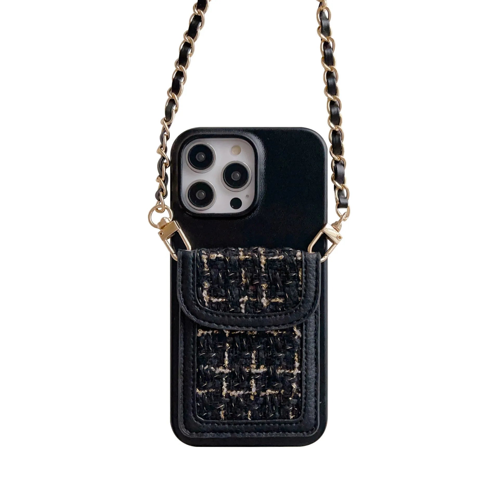 PU leather crossbody phone case with woven chain strap and card holder for iPhone