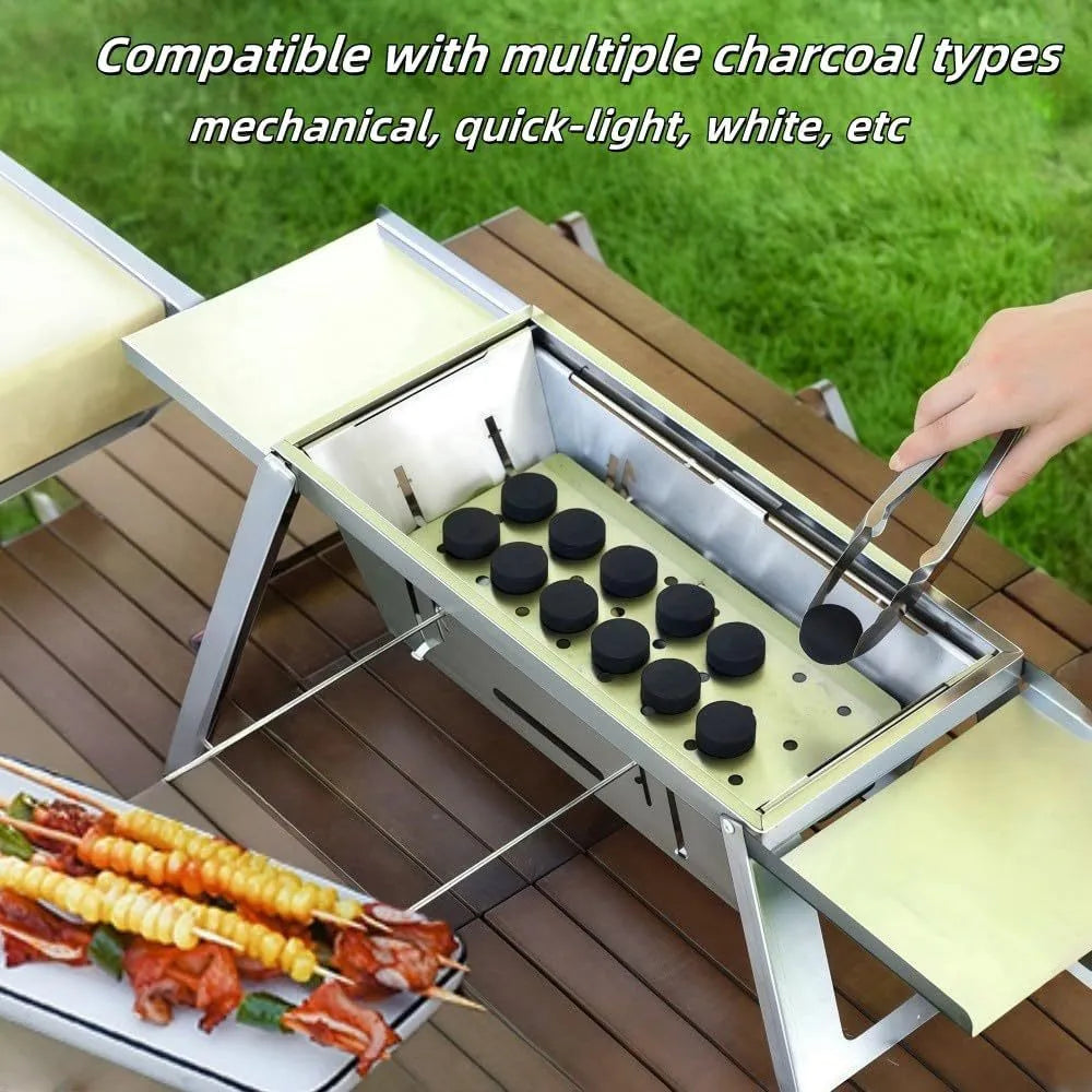 Small portable charcoal grill shown folded and unfolded for outdoor BBQ cooking