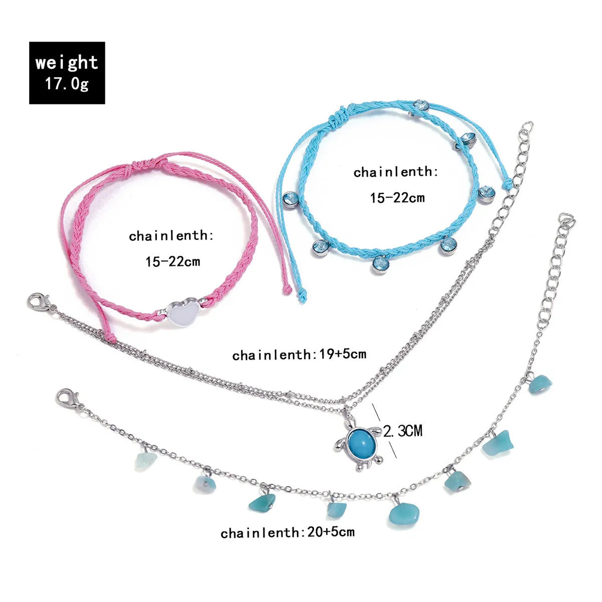 Hand-woven blue love foot rope natural gravel anklet in alloy with geometric shape on a woman's ankle