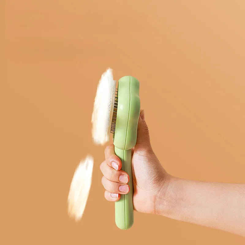Green self-cleaning cat grooming comb with stainless steel needles and four adjustable comb types