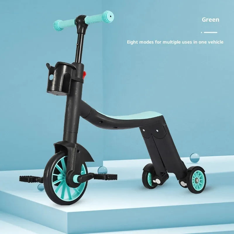 Multifunctional eight-in-one baby plastic scooter with push handle in blue skateboard option