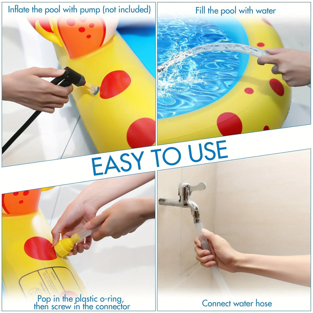 Blue dinosaur-themed inflatable water play pool with spray features for children's outdoor use