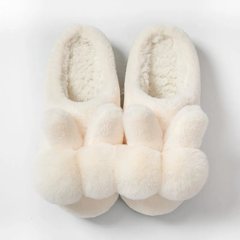 Women's fluffy rabbit fur slippers in pink with a high upper and sewn sole