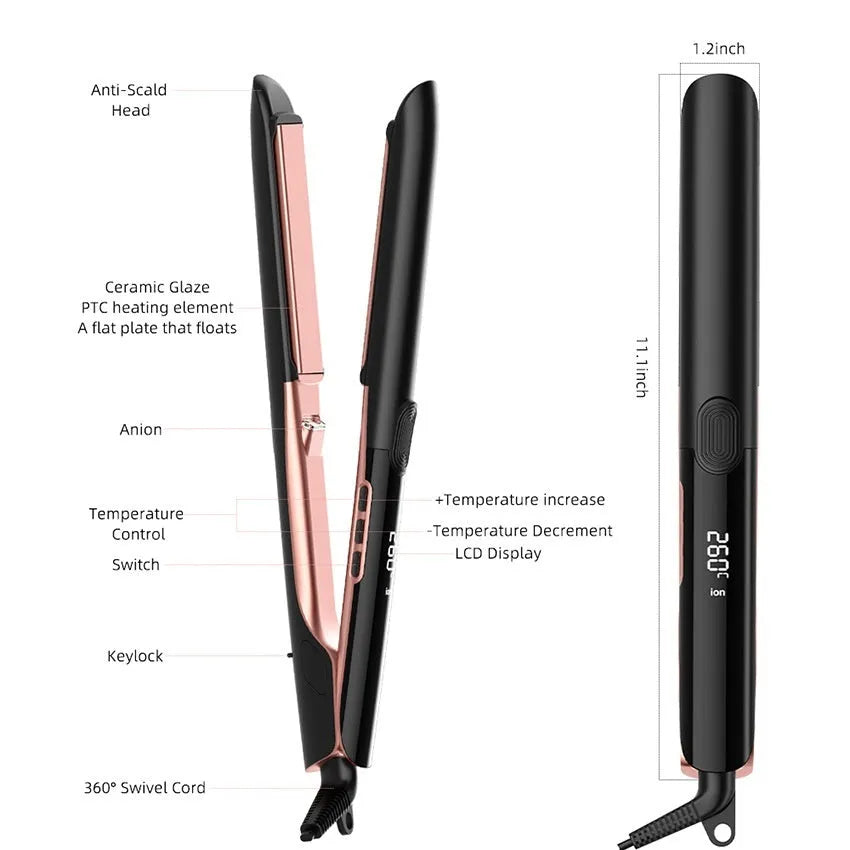 White hair straightener with digital temperature display, ceramic plates, and a fixed EU power cable.