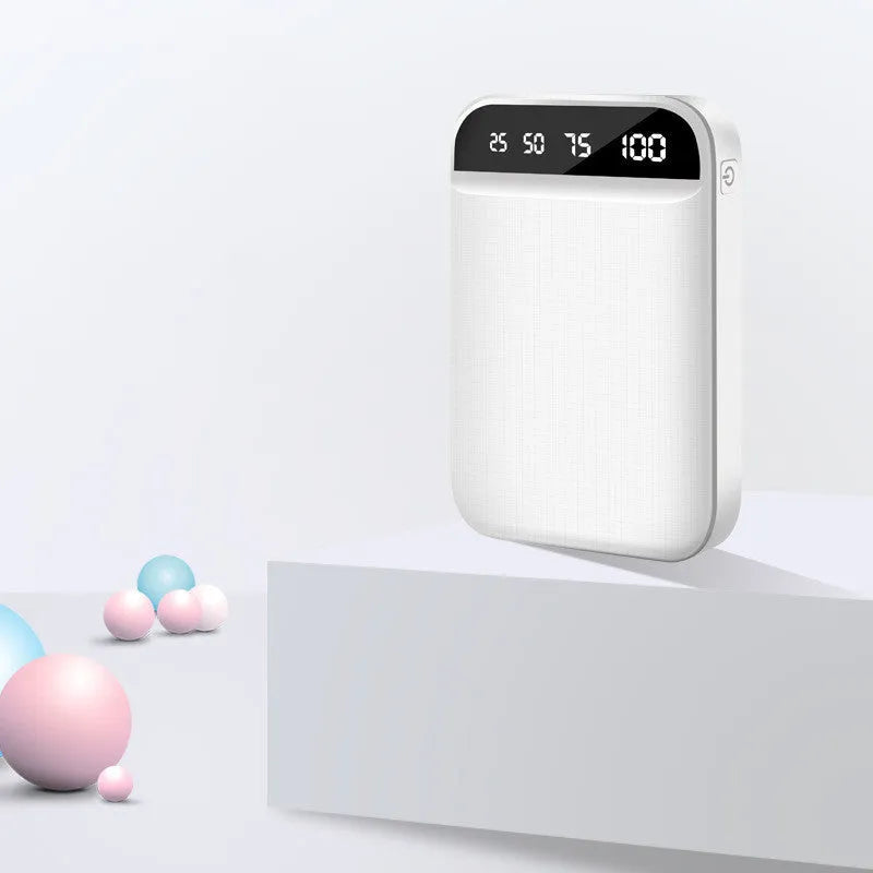 Compact mini power bank in choice of colours showing multi-USB port and small 93x63x22mm size.